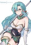  1girl absurdres angry aqua_hair armor bare_shoulders boots braid breasts broken_armor chascoby chloe_(fire_emblem) cleavage covered_navel fire_emblem fire_emblem_engage gloves green_eyes highres large_breasts side_braid solo teardrop_earrings thigh_boots thighhighs torn_clothes underboob white_gloves 