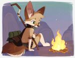 2024 anthro aseethe campfire canid canine detailed_background digital_media_(artwork) fennec fire fox fur gloves_(marking) green_eyes head_tuft inner_ear_fluff looking_at_fire mammal markings outside signature sitting solo tan_body tan_fur tuft