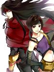  1girl black_hair breasts closed_mouth commentary_request crop_top dirge_of_cerberus_final_fantasy_vii final_fantasy final_fantasy_vii gloves long_hair looking_at_viewer medium_breasts open_mouth short_hair short_shorts shorts smile tama_(tmfy5) vincent_valentine white_background yuffie_kisaragi 