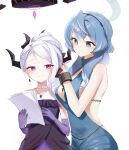  2girls absurdres ako_(blue_archive) ako_(dress)_(blue_archive) backless_dress backless_outfit black_hairband black_horns blue_archive blue_dress blue_eyes blue_hair blue_halo blush breasts closed_mouth collarbone dangle_earrings demon_horns dress earrings elbow_gloves gloves hairband halo highres hina_(blue_archive) hina_(dress)_(blue_archive) holding holding_paper horns jewelry large_breasts long_hair multiple_girls multiple_horns necklace nonoa paper parted_lips pendant purple_dress purple_eyes purple_gloves simple_background sleeveless sleeveless_dress smile strapless strapless_dress white_background white_hair 