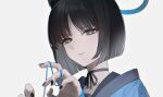  1girl animal_ear_fluff animal_ears black_choker black_hair black_nails blue_archive choker cjsdh1000 closed_mouth grey_background grey_eyes grey_hair halo highres kikyou_(blue_archive) multicolored_hair portrait ribbon ribbon_choker short_hair simple_background solo 