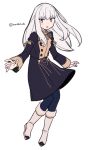  1girl :o black_pantyhose boots buttons commentary do_m_kaeru fire_emblem fire_emblem:_three_houses full_body garreg_mach_monastery_uniform juliet_sleeves long_hair long_sleeves looking_at_viewer lysithea_von_ordelia pantyhose pink_eyes puffy_sleeves simple_background solo twitter_username uniform white_background white_footwear white_hair 