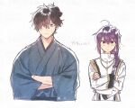  1boy 1other ahoge amulet androgynous black_hair black_hakama blue_eyes blue_kimono bracelet braid braided_ponytail crossed_arms fate/samurai_remnant fate_(series) hair_intakes hair_over_one_eye hakama highres japanese_clothes jewelry kimono miyamoto_iori_(fate) necklace sidelocks single_braid topknot wani_(mezo) white_background yamato_takeru_(fate) yellow_eyes 