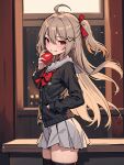  ai-generated black_socks bow bowtie evil_neuro-sama food fruit hair_ornament heart heart_hair_ornament highres holding holding_food holding_fruit indie_virtual_youtuber red_bow red_bowtie red_eyes sailor_collar socks twintails virtual_youtuber x235790 