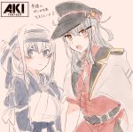  ainu_clothes belt blue_eyes blush breasts commentary_request eyebrows_visible_through_hair facial_scar gangut_(kantai_collection) grey_hair hair_between_eyes hat headband itomugi-kun jacket_on_shoulders japanese_clothes kamoi_(kantai_collection) kantai_collection large_breasts long_hair long_sleeves looking_at_viewer military military_hat military_jacket military_uniform multiple_girls naval_uniform open_mouth peaked_cap red_eyes red_shirt scar scar_on_cheek shirt simple_background translation_request uniform white_hair 