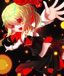  1girl absurdres black_background black_skirt black_vest blonde_hair collared_shirt cowboy_shot dark_background fang hair_between_eyes highres huang_j_xuan long_sleeves looking_at_viewer medium_hair navel open_mouth red_eyes rumia shirt simple_background skin_fang skirt solo t-pose touhou touhou_cannonball vest white_shirt 