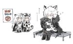  1boy 1other 2girls animal_ear_fluff animal_ears annoyed arknights bench black_cape black_coat black_footwear black_jacket black_necktie bright_pupils cabbie_hat cape chibi cliffheart_(arknights) closed_eyes coat commentary_request doctor_(arknights) fur-trimmed_coat fur_trim grey_eyes hand_on_own_hip hat head_chain highres holding_another&#039;s_tail holding_own_tail hood hooded_jacket jacket leopard_boy leopard_ears leopard_tail long_hair looking_at_another multiple_girls necktie no_symbol pramanix_(arknights) shirt short_hair sign silverash_(arknights) sitting sitting_on_lap sitting_on_person smelling soppos sparkle tail translated white_hair white_headwear white_pupils white_shirt 
