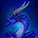 ambiguous_gender blue_background blue_body blue_scales dragon fantasy feral green_eyes headshot_portrait horn night portrait scales selianth simple_background sky solo spines star starry_sky tomcio