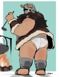  1boy ass bara beard briefs brown_hair cooking dognuki dungeon_meshi dwarf facial_hair fake_horns fire from_behind full_body helmet highres horned_helmet horns inset_border long_beard looking_at_viewer looking_back male_focus male_underwear plump senshi_(dungeon_meshi) slippers solo sparse_leg_hair thick_mustache underwear very_long_beard wok 