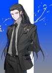  1boy arms_behind_back belt bindi black_belt black_hair black_necktie black_pants black_suit blue_background closed_mouth collared_shirt earrings final_fantasy final_fantasy_vii final_fantasy_vii_remake grey_eyes hair_pulled_back highres jacket jewelry long_hair long_sleeves looking_at_viewer male_focus necktie pants pillarboxed pokashi shirt sidelocks solo suit suit_jacket tseng white_shirt 