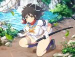  1girl alternate_weapon armband ascot asuka_(senran_kagura) belt black_hair blue_armband blue_socks blush bouncing_breasts breasts brown_belt brown_eyes brown_footwear bush buttons double-breasted falling_leaves forest grass hair_ribbon hanzou_academy_uniform holding holding_sheath holding_sword holding_weapon katana large_breasts leaf lens_flare light_particles loafers looking_at_viewer miniskirt nature official_art on_one_knee open_mouth orange_ascot outdoors path plant pleated_skirt ponytail red_scarf ribbon river rock rope scabbard scarf school_emblem senran_kagura senran_kagura_new_link senran_kagura_shoujo-tachi_no_shin&#039;ei sheath sheathed shirt shoes short_hair short_ponytail skirt socks solo sparkle sword thigh_strap tree tsuba_(guard) tsuka-ito unaligned_breasts water water_drop waterfall weapon white_ribbon white_shirt white_skirt yaegashi_nan 