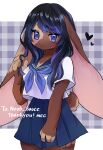 &lt;3 115meg :&lt; absurd_res anthro artist_name asian_clothing biped blue_bottomwear blue_clothing blue_eyes blue_hair blue_skirt bodily_fluids bottomwear breasts brown_body brown_fur checkered_background cheek_tuft cleavage clothed clothing commissioner_name dipstick_fingers east_asian_clothing facial_tuft female floppy_ears fur hair hi_res huge_ears japanese_clothing japanese_school_uniform kerchief lagomorph leporid long_hair looking_at_viewer lop_ears mammal miniskirt multicolored_face neck_tuft neckerchief pattern_background pleated_skirt rabbit school_uniform scut_tail serafuku shirt short_tail signature simple_background skirt solo sweat tail tan_body tan_fur text thick_thighs topwear touching_hair tuft twirling_hair uniform white_clothing white_shirt white_topwear