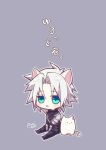  1boy aged_down animal_ears aqua_eyes arestear0701 armor artist_name between_legs black_jacket black_pants cat cat_boy cat_ears chibi child final_fantasy final_fantasy_vii final_fantasy_vii_ever_crisis full_body grey_background grey_hair hair_between_eyes hand_between_legs highres jacket kemonomimi_mode light_blush looking_at_viewer male_focus pants parted_bangs sephiroth short_hair shoulder_armor sitting solo triangle_mouth turtleneck white_cat 