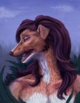  2018 anthro blue_eyes brown_fur canine day detailed_background dog female fur hair himeragoldtail mammal open_mouth outside purple_hair sky solo teeth tongue 