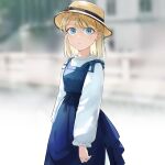  1girl absurdres blonde_hair blue_dress blue_eyes blurry blurry_background character_request commentary_request copyright_request dress hat highres hinoshita_akame long_dress long_hair long_sleeves looking_at_viewer puffy_sleeves shirt solo straw_hat swept_bangs white_shirt 