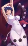  1girl armpits arms_up blue_hair breasts covered_navel doremy_sweet dress earrings hat highres jewelry large_breasts mons_pubis nightcap nightgown one_eye_closed red_headwear skin_tight sleeveless sleeveless_dress smug tail tapir_tail touhou white_dress wiaxixia 