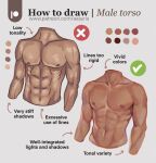  1boy abs arrow_(symbol) asayris_art cropped_torso english_text headless highres male_focus navel nipples o_x original paid_reward_available stomach toned toned_male 
