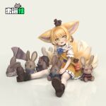  1girl 3d amiya_(arknights) animal_ears arknights artist_request black_cat black_footwear blonde_hair blue_ribbon blush braid braided_hair_rings cat character_doll character_request check_character choshanland_plushy_(arknights) commentary_request crossover derivative_work dress fox_ears fox_girl fox_tail full_body green_eyes hair_rings hairband highres kitsune kyuubi looking_at_viewer multiple_tails myrtle_(arknights) neck_ribbon official_alternate_costume open_mouth orange_dress orange_hairband pantyhose popukar_(arknights) puffy_short_sleeves puffy_sleeves ribbon second-party_source shamare_(arknights) shaw_(arknights) short_sleeves sitting stuffed_animal stuffed_rabbit stuffed_toy suzuran_(arknights) suzuran_(let&#039;s_carnival!)_(arknights) tail twin_braids white_pantyhose 