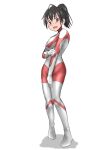  1girl absurdres black_eyes black_hair blush bodysuit breasts cosplay embarrassed full_body hakuino_hakase high_ponytail highres looking_at_viewer medium_hair multicolored_bodysuit multicolored_clothes open_mouth original red_bodysuit shadow silver_bodysuit simple_background skin_tight solo standing ultra_series ultraman ultraman_(1st_series) ultraman_(cosplay) ultraman_suit white_background 