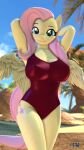 3d_(artwork) anthro anthroponiessfm big_breasts biped breasts clothed clothing digital_media_(artwork) equid equine eyelashes feathers female fluttershy_(mlp) friendship_is_magic hair hands_behind_head hasbro hi_res looking_at_viewer mammal my_little_pony nipple_outline one-piece_swimsuit pegasus pink_hair pupils smile solo swimwear wings yellow_body yellow_feathers