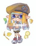  1girl beret bike_shorts blonde_hair blue_eyes commentary_request drinking drinking_straw food fruit full_body grey_shirt hat holding holding_plate inkling inkling_girl leaf lemon lemon_slice long_hair miko_(15476997) plate pointy_ears sandwich shirt simple_background solo splatoon_(series) splatoon_3 standing tentacle_hair watermark white_background 