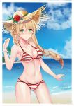  beach bikini blonde_hair braid breasts closed_mouth day elf flower french_braid green_eyes hat hat_flower highres hzhc large_breasts long_hair looking_at_viewer navel ocean original outdoors pointy_ears single_braid sky smile solo straw_hat striped striped_bikini sun_hat swimsuit very_long_hair 
