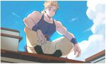  1boy bare_shoulders belt blonde_hair blue_eyes blue_sky blue_tank_top closed_mouth facial_hair final_fantasy final_fantasy_vi garbage_paper looking_down male_focus muscular muscular_male outdoors pants ponytail sabin_rene_figaro sky tank_top wrist_cuffs 