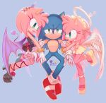  1boy 2girls amy_rose angel_and_devil angel_wings arm_hug black_dress blue_hair clone demon_horns demon_tail double_arm_hug dress dual_persona eyelashes frown gloves green_eyes halo high_heels highres horns konjiki_ringo multiple_girls pink_hair sonic_(series) sonic_the_hedgehog tail white_gloves wings yellow_dress 