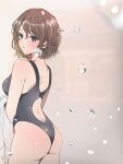  1girl absurdres ass back blue_eyes breasts highres looking_at_viewer love_live! love_live!_sunshine!! one-piece_swimsuit short_hair simple_background solo swimsuit thighs ukitaryu watanabe_you water wavy_hair 