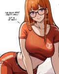  1girl breasts collarbone glasses large_breasts lepypepy midriff navel orange_hair orange_pants pants persona persona_5 purple_eyes sakura_futaba simple_background smile solo sweat track_pants upper_body white_background 