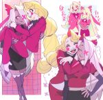 2girls black_nails blonde_hair bow carrying charlie_morningstar cheek-to-cheek colored_inner_hair colored_sclera colored_skin couple demon_girl elbow_gloves fangs gloves grey_hair grey_skin hair_bow hair_over_one_eye hand_on_own_hip happy hazbin_hotel heads_together highres hug hug_from_behind long_hair multicolored_hair multiple_girls pink_sclera princess_carry red_suit smile suit teeth upper_teeth_only ususmomo vaggie very_long_hair white_hair yellow_eyes yellow_sclera yuri 