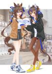  2girls absurdres adidas animal_ears bare_legs black_jacket black_pantyhose black_skirt blue_eyes blue_hair book brown_hair brown_jacket colored_inner_hair commentary_request daitaku_helios_(umamusume) ear_covers ear_piercing facial_tattoo full_body hair_between_eyes highres holding holding_book horse_ears horse_girl horse_tail jacket long_hair long_sleeves medium_hair multicolored_hair multiple_girls open_clothes open_jacket open_mouth pantyhose piercing pleated_skirt shirt shoes silenxe single_ear_cover skirt smile sneakers streaked_hair tail tattoo twintails umamusume very_long_hair vivlos_(umamusume) white_footwear white_hair white_headwear white_shirt yellow_eyes yellow_footwear 