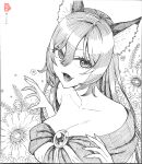  1girl absurdres animal_ears breasts cleavage collarbone commentary_request fingernails flower greyscale hair_between_eyes highres imaizumi_kagerou ke-su large_breasts long_fingernails long_hair long_sleeves monochrome solo touhou upper_body wolf_ears wolf_girl 