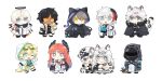  1other 2girls 6+boys absurdres animal_ear_fluff animal_ears arknights bag black_cape black_coat black_hair black_pants blonde_hair blue_eyes blue_shirt bright_pupils brother_and_sister brown_hair cabbie_hat cape cat_boy cat_ears chibi christine_(arknights) cliffheart_(arknights) closed_mouth coat commentary_request cup dark-skinned_male dark_skin doctor_(arknights) dog_boy dog_ears dog_tail electric_kettle elysium_(arknights) executor_(arknights) facial_mark feather_hair frown fur-trimmed_coat fur_trim gradient_hair grey_eyes grey_hair halo hat head_chain highres holding holding_cup holding_kettle holding_own_tail holding_test_tube hood hood_up hooded_coat id_card jewelry kettle leopard_boy leopard_ears leopard_tail looking_at_viewer mask multicolored_hair multiple_boys multiple_girls necklace one_eye_closed open_mouth orange_eyes orange_hair originium_slug_(arknights) pants parted_bangs phantom_(arknights) pramanix_(arknights) purple_eyes purple_hair red_hair shirt short_hair siblings silverash_(arknights) simple_background sisters smile soppos tail tequila_(arknights) test_tube thorns_(arknights) white_background white_coat white_hair white_headwear white_pupils wings 