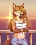  2018 5_fingers anthro black_bars black_nose breasts brown_hair canine clothed clothing detailed_background eyelashes female fox fur hair kyotokisha15 mammal midriff navel smile solo standing tan_fur tan_hair 