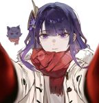  1girl blunt_bangs closed_mouth coat fur_collar genshin_impact gloves hair_ornament hands_on_another&#039;s_cheeks hands_on_another&#039;s_face hands_up kis7908992 light_blush light_smile looking_at_viewer mole mole_under_eye open_clothes open_coat pov purple_eyes purple_hair raiden_shogun red_gloves red_scarf scaramouche_(cat)_(genshin_impact) scaramouche_(genshin_impact) scarf simple_background solo white_background winter_clothes 