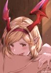  bangs bare_shoulders bat_wings blonde_hair blush brown_eyes djeeta_(granblue_fantasy) fangs granblue_fantasy hairband head_wings indoors looking_at_viewer milli_little open_mouth out_of_frame pointy_ears short_hair smile solo_focus swept_bangs twitter_username vampire wings 