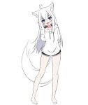 1girl :d ahoge animal_ear_fluff animal_ears arm_behind_back arm_grab barefoot black_shorts blue_eyes blush chinese_commentary collarbone commentary drawstring fang fox_ears fox_girl fox_tail full_body hair_between_eyes highres hood hood_down hoodie kuronagi_(mitora_uwu) leaning_to_the_side long_hair looking_at_viewer original shorts simple_background smile solo standing tail very_long_hair white_background white_hair white_hoodie 