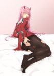  absurdres black_legwear blush commentary darling_in_the_franxx hentai_kuwa highres horns long_hair looking_at_viewer military military_uniform open_mouth panties pantyhose pink_hair saliva solo torn_clothes torn_legwear underwear uniform white_panties zero_two_(darling_in_the_franxx) 