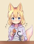  animal_ears blue_eyes blush closed_mouth commentary_request cookie cup eyebrows_visible_through_hair food fox_ears fox_tail holding holding_food hood hood_down hoodie kai_himo kotatsu looking_at_viewer original purple_hoodie short_hair simple_background sitting solo steam table tail tail_raised thick_eyebrows yellow_background 