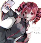  1girl absurdres arm_tattoo bare_shoulders black_headphones black_shirt black_skirt black_sleeves blood blood_on_face blood_on_shoulder collared_shirt detached_sleeves drill_hair headset highres hito_mania_(utau) holding holding_phone kasane_teto light_smile long_sleeves looking_at_viewer lower_teeth_only m_i_o_spring nail_polish open_mouth phone pointing pointing_at_viewer red_eyes red_hair red_nails red_trim shirt short_hair skirt sleeveless sleeveless_shirt solo tattoo teeth twin_drills utau white_background 