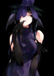  1girl asuzemu bare_shoulders biting black_gloves black_hair blunt_bangs breasts dress elbow_gloves flower flower_on_head glove_biting gloves hime_cut long_hair orchid print_dress purple_dress sleeveless sleeveless_dress solo touhou vine_print yomotsu_hisami 