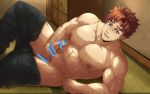  1boy abs asamine_matakara bar_censor bara black_pants brown_hair bucchigiri?! censored clothes_pull erection green_eyes highres kuroshinki large_pectorals lying male_focus male_masturbation male_pubic_hair masturbation muscular muscular_male navel nipples on_side open_mouth paid_reward_available pants pants_pull pectorals penis pubic_hair short_hair solo testicles topless_male 