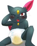 ambiguous_gender anthro blush bodily_fluids clothed clothing diaper diaper_fetish diaper_only embarrassed fid generation_2_pokemon genital_fluids looking_at_viewer nintendo open_mouth pokemon pokemon_(species) simple_background sneasel solo tail topless underwear urine wearing_diaper wet_diaper wetting