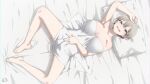  1girl bed bed_sheet blanket blue_eyes breasts covering_privates fang grey_hair hair_between_eyes huge_breasts keihh lying naked_sheet nude_cover on_back on_bed open_mouth pillow short_hair solo under_covers uzaki-chan_wa_asobitai! uzaki_hana 