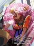  1boy blonde_hair bottle capri_pants coat copyright_name cup donquixote_doflamingo drinking_glass english_text feather_coat feet_on_chair holding holding_paper indoors leg_hair male_focus moreshan muscular muscular_male official_art one_piece open_clothes open_mouth orange_pants pants paper pink_coat short_hair sitting sunglasses teeth tongue wine_bottle wine_glass 