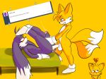  2018 absurd_res anal anthro anthro_on_anthro ask_blog balls bed big_butt black_nose blue_eyes blush butt canine clothing crossover dipstick_ears dipstick_tail duo english_text erection fox fur gloves half-closed_eyes handjob hi_res kloana klonoa klonoa_(series) lagomorph looking_pleasured lying male male/male male_penetrating mammal miles_prower missionary_position multicolored_tail naughty_face nude on_back open_mouth penis purple_fur rabbit rough_sex sex signature smile sonic_(series) taillove_(artist) text video_games white_fur yellow_eyes yellow_fur 