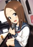  :d aoi_chizuru bangs blue_skirt blurry blurry_background blush brown_eyes brown_hair collarbone commentary_request cup depth_of_field drink drinking_glass drinking_straw fingernails forehead head_tilt holding holding_microphone karakai_jouzu_no_takagi-san karaoke long_sleeves looking_at_viewer microphone nail_polish open_mouth parted_bangs pink_neckwear pleated_skirt revision school_uniform serafuku shirt sitting skirt smile solo takagi-san white_nails white_shirt 