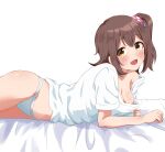  1girl bed_sheet blush breasts brown_hair cleavage haruki_(haruki678) highres idolmaster idolmaster_million_live! kasuga_mirai looking_at_viewer lying medium_breasts navel no_pants on_side one_side_up panties shirt smile solo stomach underwear white_panties white_shirt 