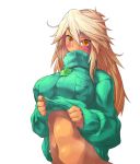  aran_sweater blonde_hair blush bottomless breasts clothes_lift clover commentary_request covered_mouth eyebrows_visible_through_hair eyelashes four-leaf_clover green_sweater guilty_gear guilty_gear_xrd highres large_breasts long_hair looking_at_viewer naked_sweater navel out-of-frame_censoring ramlethal_valentine solo stomach sweat sweater sweater_lift transparent_background turtleneck turtleneck_sweater yellow_eyes yoshitsuki 
